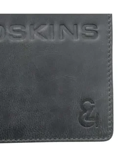 Portefeuille en cuir de chèvre noir uni avec marque et logo embossés sur l'avant