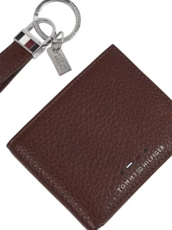 Portefeuille en cuir marron uni grainé horizontal avec porte clé