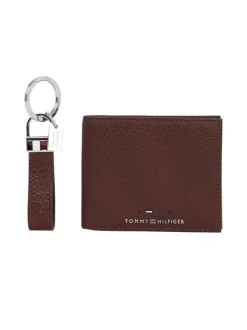 Portefeuille en cuir marron uni grainé horizontal avec porte clé