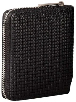 Portefeuille en cuir noir uni avec maille tressée et rangements
