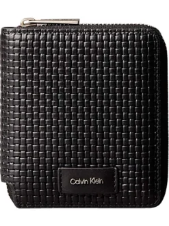 Portefeuille en cuir noir uni avec maille tressée et rangements