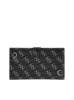 Portefeuille noir imprimé logotypé avec bijou triangulaire et rabat à pression