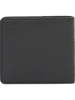 Portefeuille noir uni avec le nom de la marque à l'avant et compartiments