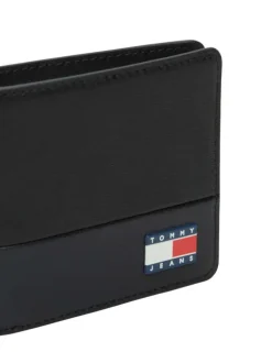 Portefeuille noir uni avec revêtement en grains et logo cousu