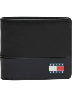 Portefeuille noir uni avec revêtement en grains et logo cousu
