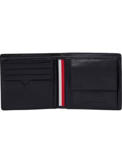 Portefeuille noir uni en cuir avec nom de la marque sur le devant et drapeau