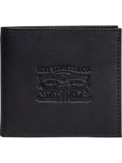 Portefeuille noir uni en cuir avec logos de la marques et multiples rangements