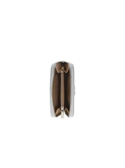 Portefeuille argent imprimé au nom de la marque avec une fermeture zippée