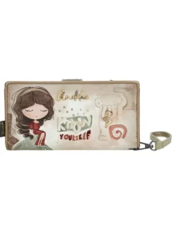 Portefeuille beige avec des imprimés et une fermeture à rabat et à pression