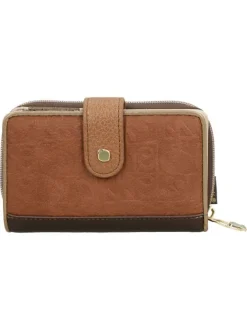 Portefeuille beige avec des imprimés et une fermeture à zip