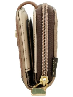 Portefeuille beige avec des imprimés et une fermeture à zip