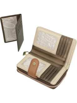 Portefeuille beige avec des imprimés et une fermeture à zip