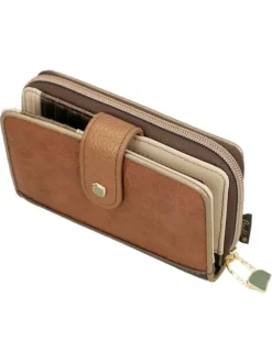 Portefeuille beige avec des imprimés et une fermeture à zip