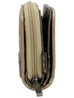 Portefeuille beige avec des imprimés et une fermeture à zip