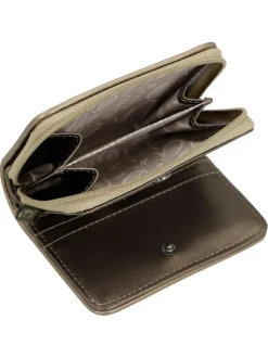 Portefeuille beige avec des imprimés et une fermeture à zip