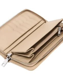Portefeuille beige avec des motifs floraux et une fermeture à zip