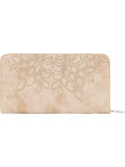 Portefeuille beige avec des motifs floraux et une fermeture à zip