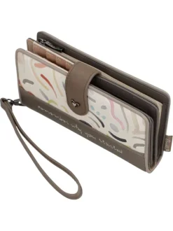 Portefeuille beige imprimé avec une fermeture zippée et un bouton-pression