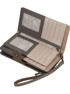 Portefeuille beige imprimé avec une fermeture zippée et un bouton-pression