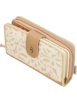 Portefeuille beige imprimé avec une fermeture zippée et un rabat à pression