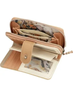 Portefeuille beige imprimé avec une fermeture zippée et un rabat à pression