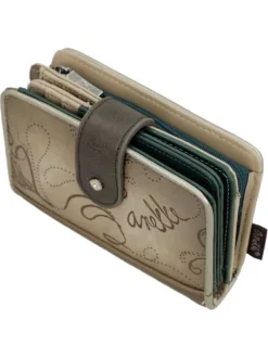 Portefeuille beige orné du logo de la marque avec de multiples rangements