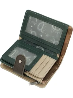 Portefeuille beige orné du logo de la marque avec de multiples rangements