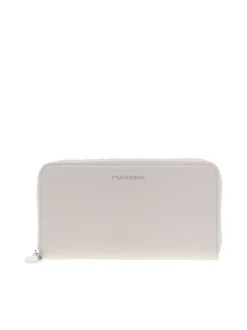 Portefeuille beige uni avec une fermeture zippée et un logo à l'avant