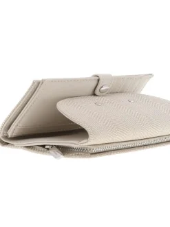 Portefeuille beige uni avec un logo embossé à l'avant et un bouton-pression
