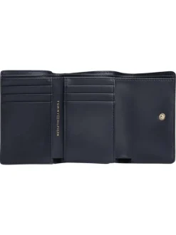 Portefeuille bleu marine uni avec le nom de la marque or imprimé à l'avant