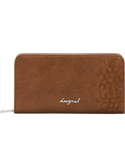 Portefeuille camel avec des motifs floraux et une fermeture à zip