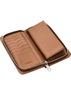 Portefeuille camel avec des motifs floraux et une fermeture à zip