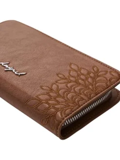 Portefeuille camel avec des motifs floraux et une fermeture à zip