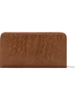 Portefeuille camel avec des motifs floraux et une fermeture à zip