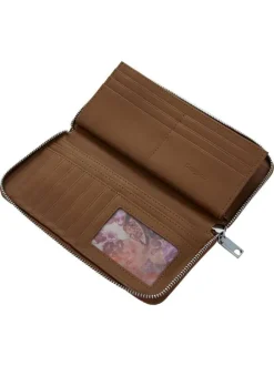 Portefeuille camel zippé avec des œillets et des clous décoratifs