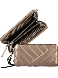 Portefeuille matelassé zippé couvert de tissu bronze satiné brillant