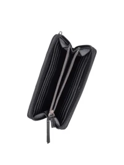 Portefeuille matelassé zippé couvert de tissu noir satiné brillant