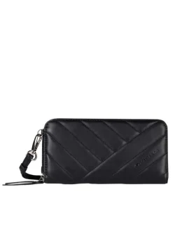 Portefeuille matelassé zippé couvert de tissu noir satiné brillant