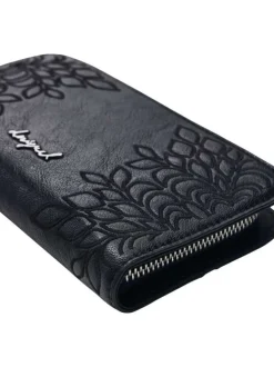 Portefeuille noir avec des motifs floraux et une fermeture à zip