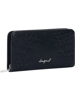 Portefeuille noir avec des motifs floraux et une fermeture à zip
