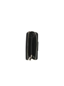 Portefeuille noir brillant avec un zip et logo de la marque