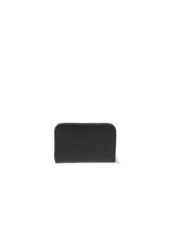 Portefeuille noir brillant avec un zip et logo de la marque
