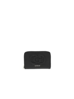 Portefeuille noir uni avec logo en relief et une fermeture zippée