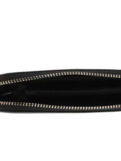 Portefeuille noir uni avec une fermeture zippée dorée et un logo dorée