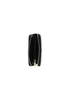 Portefeuille noir uni avec une fermeture zippée dorée et un logo dorée