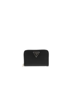 Portefeuille noir uni avec un logo embossé à l'avant et une fermeture zippée