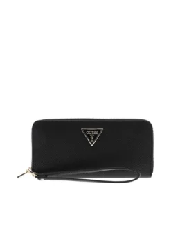 Portefeuille noir uni avec un logo à l'avant et une poche zippée à l'arrière