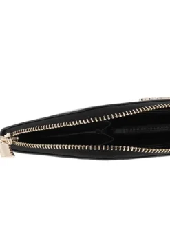 Portefeuille noir uni avec un logo métallique doré et une fermeture zippée