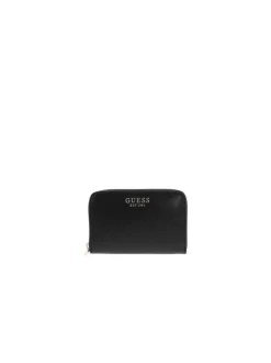 Portefeuille noir uni avec un logo métallique doré et une fermeture zippée
