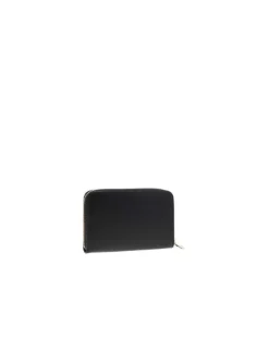 Portefeuille noir uni avec un logo métallique doré et une fermeture zippée